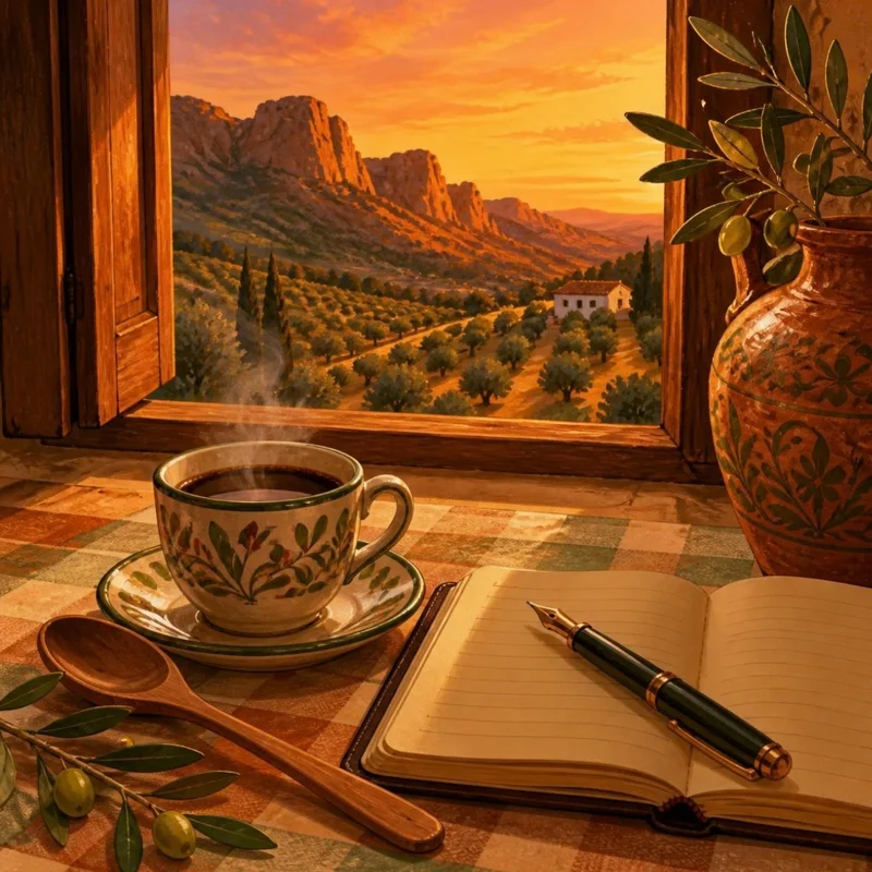 Bodegón de escritora: café, cuaderno y ramita de olivo