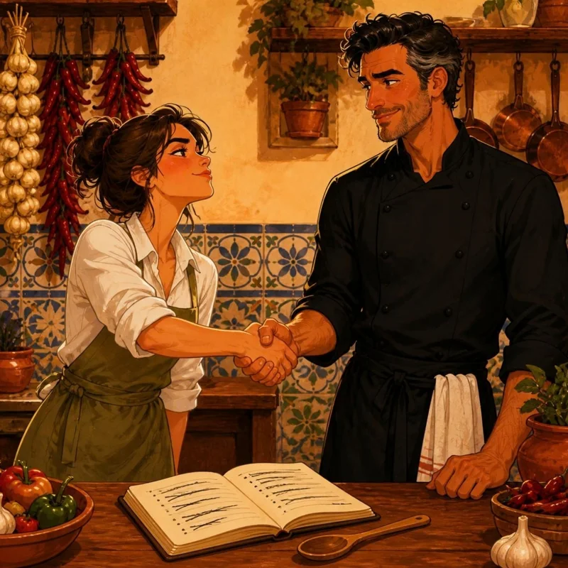 Dos manos cerrando un trato sobre una mesa de cocina