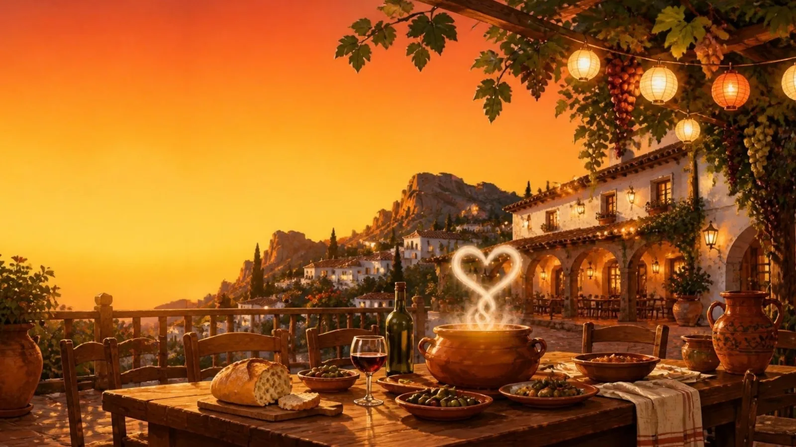 Mesa de feria al atardecer frente a una venta andaluza